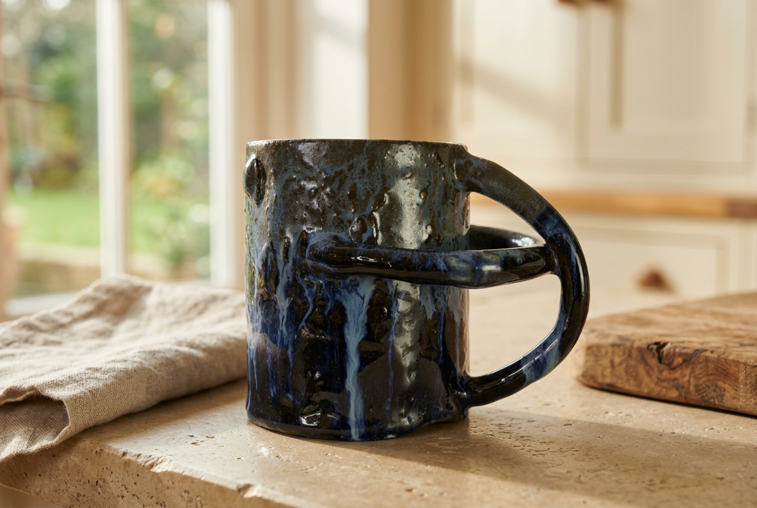 Drips in Blue Rico-Handle Mug displayed on a softly sunlit kitchen counter.