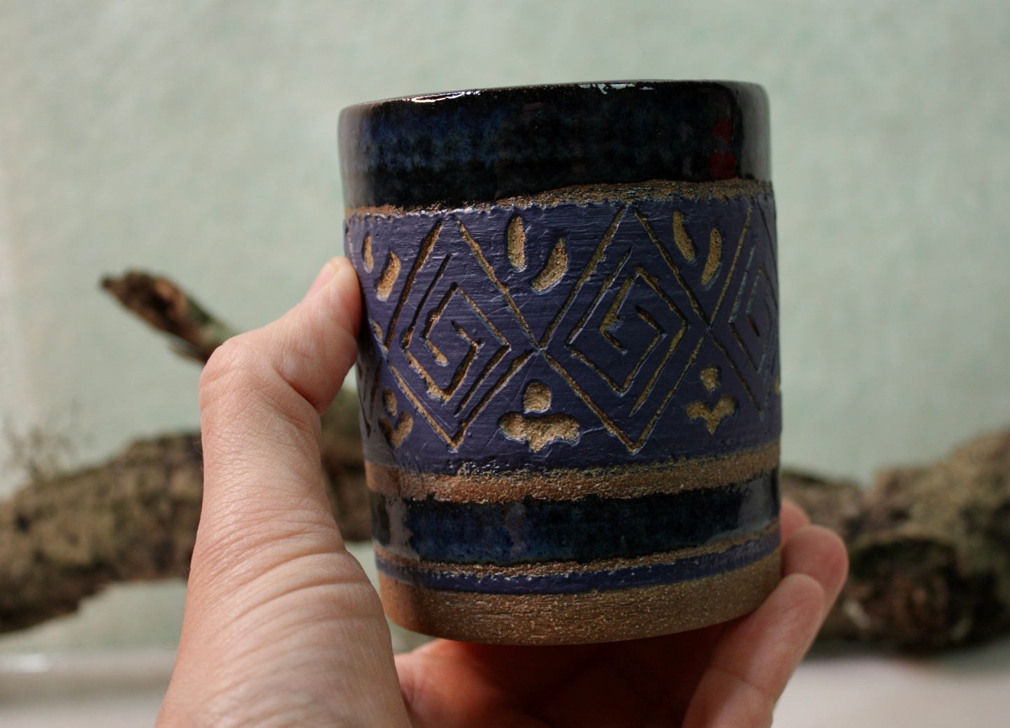 Blue Sgraffito Tumbler Cup